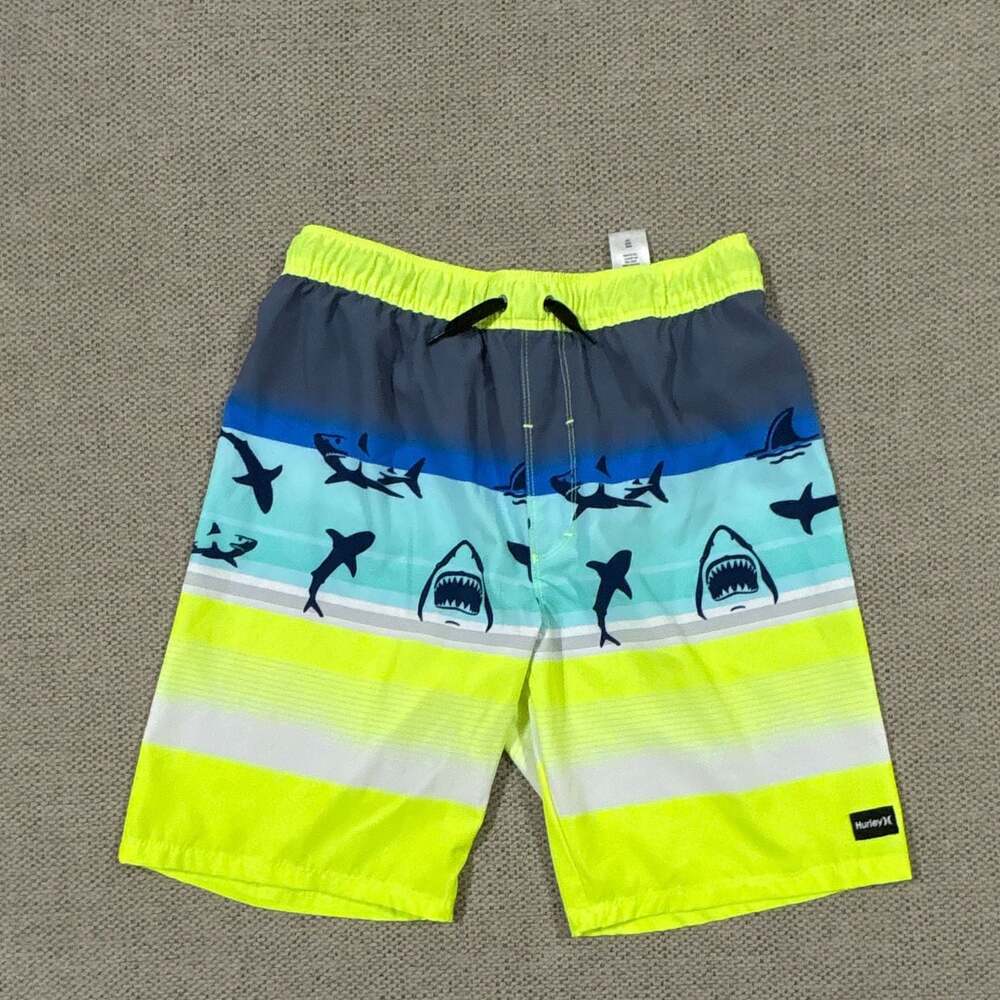 Hurley Boy's Neon Stripe Shark Print Swim Trunks Size 14/16